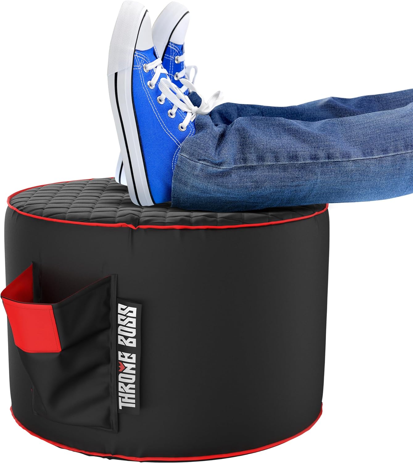 Throne Boss Gaming Footstool - Cover ONLY No Filling - Matching Bean Bag Chair Pouf/Ottoman - Round Gamer Foot Stool Footrest with Drink Holder (Red)